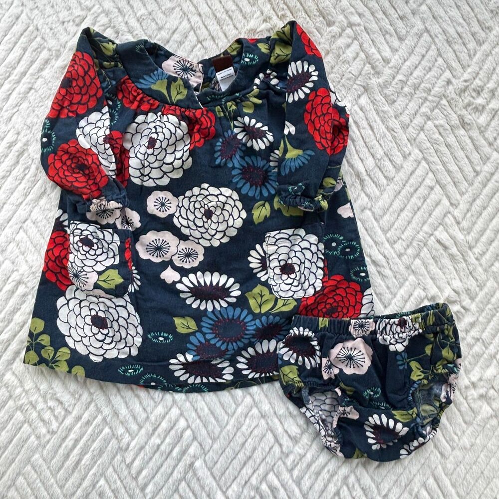 Tea Collection Baby Girl 6-12M Floral Dress Bloomer Set Cotton Blue